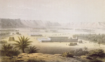Oáza Ghat a její plantáže v roce 1850, z knihy „Travels and Discoveries in North and Central Africa“ od Heinricha Bartha, vyryl J. Wölfle, vydáno 1857